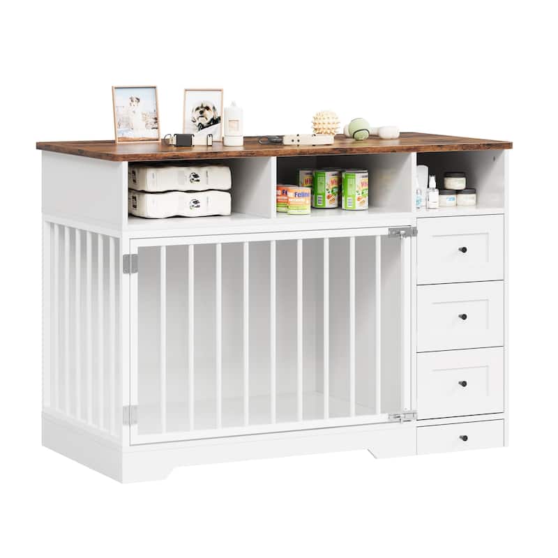 Dog Crate Furniture with Storage Drawers, End Table Design - White