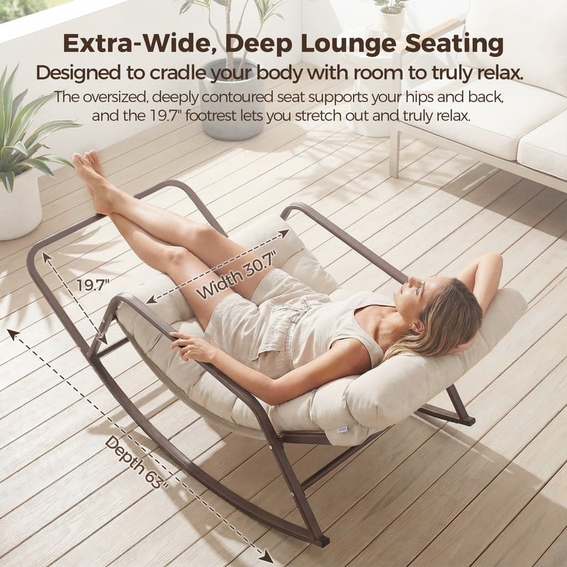 Oversized Outdoor Papasan Rocking Lounge Chair with Thick Cushion, Heavy-Duty Metal Patio Rocker Recliner, 450 lbs Capacity