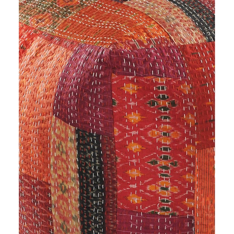 24" Square Red Pouf Ottoman with Cotton Blend Upholstery and Modern Patchwork Design Great for Footrest