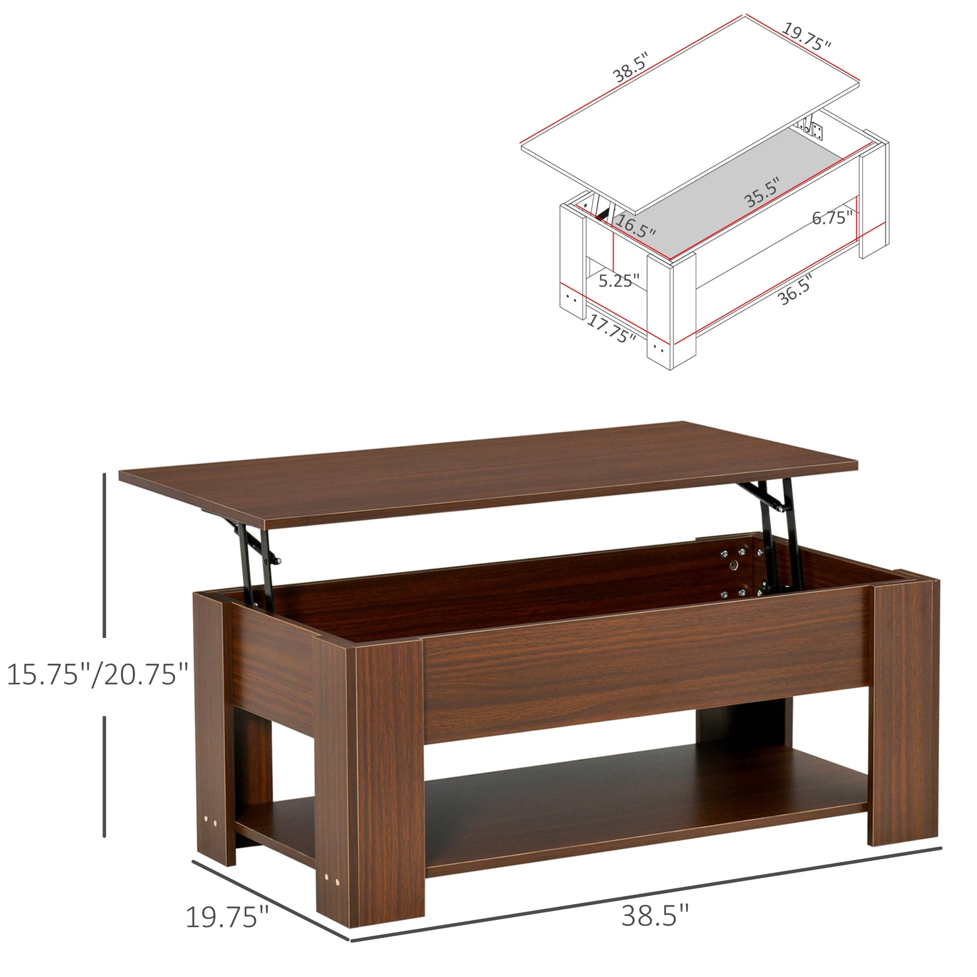 39" Lift Top Coffee Table with Hidden Storage and Open Shelf Bed Bath
