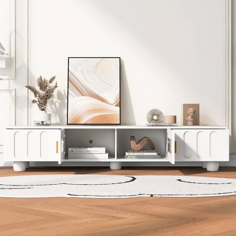 Contemporary TV Stand with Glass Door, 2 Drawers, Cabinets & Solid Wood Legs