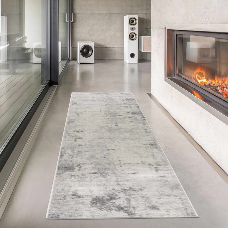 Hauteloom Tigris Modern Traditional Abstract Farmhouse Neutral Grey / Beige Area Rug - 2'7" x 12' - Dark Grey, Grey, Ivory / Tigris