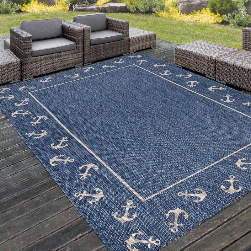 Sevita Tides Nautical Anchor Border Navy/White Performance Indoor/Outdoor Area Rug