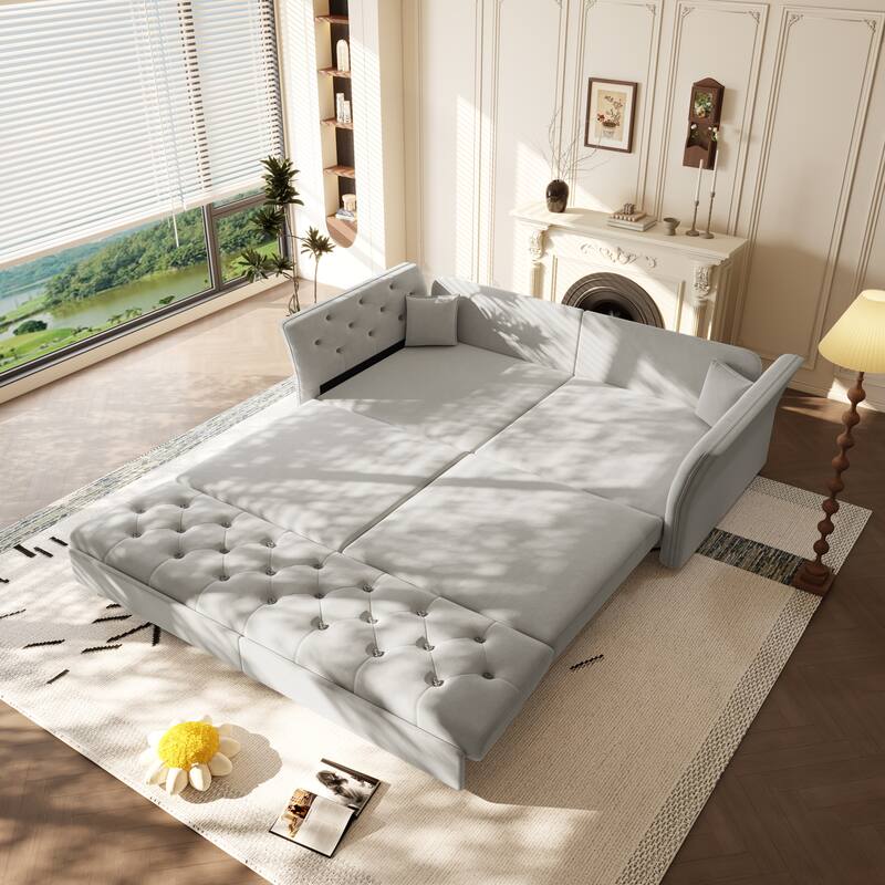 74.4" Velvet Sofa Bed, Pull-Out Sleeper Couch, Convertible Loveseat, Upholstered Sofa Bed with Tufted Backrest, Flared Arms