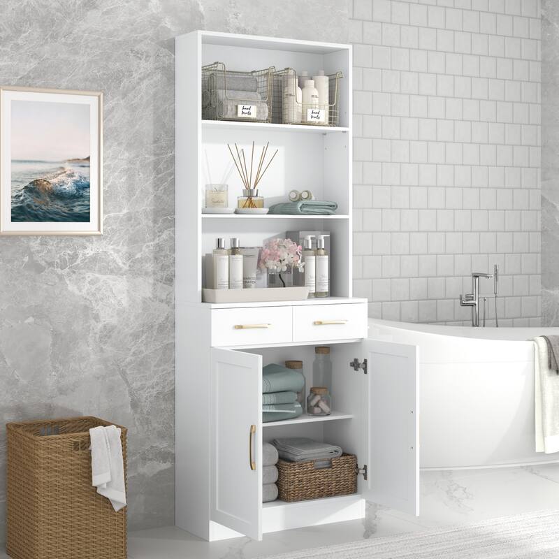Storage Cabinet for Bathroom, 2 Doors Wooden Cabinet with 2 Drawers Three-layer Open Shelf, Bathroom Floor Cabinets