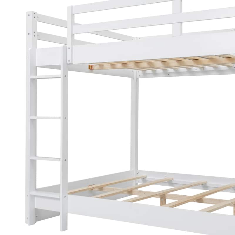 Wooden Queen Size Bunk Bed, Solid Pine Queen over Queen Bunk Bed Frame with Built In Ladder and Full Length Guardrail
