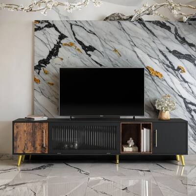 TV Stand for TVs Up to 80", Media Console Table with Golden Metal Handles and Legs, TV Cabinet with Removable Compartment, Black