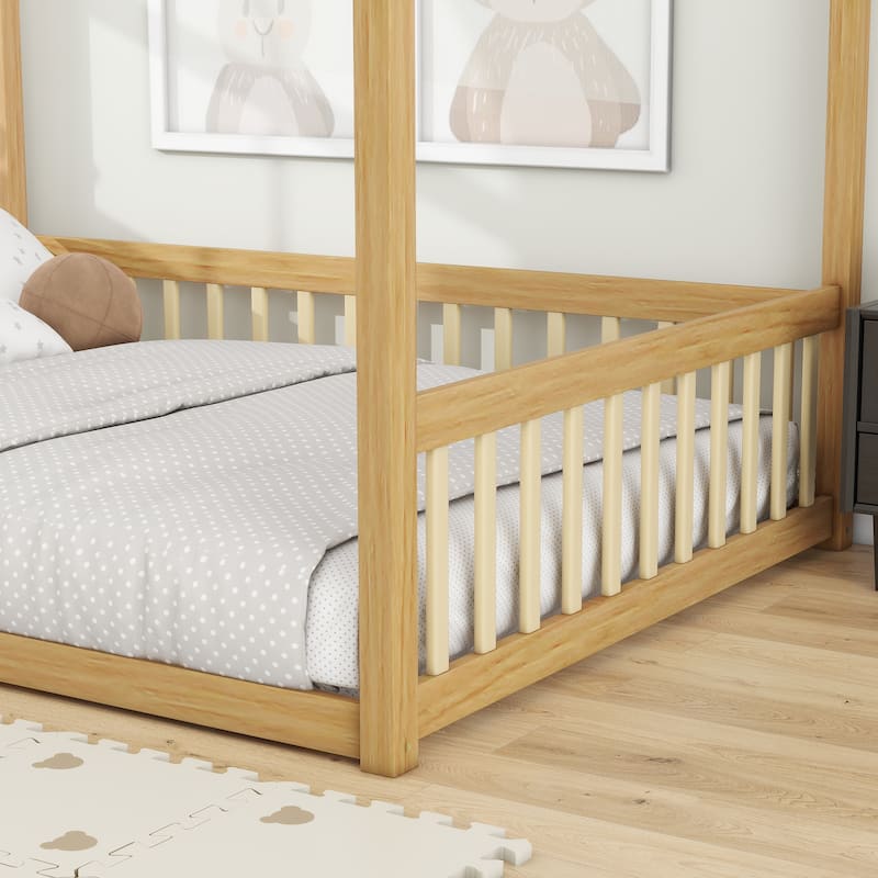 Canopy Frame Rubber Wood Floor Bed with Fence - Natural