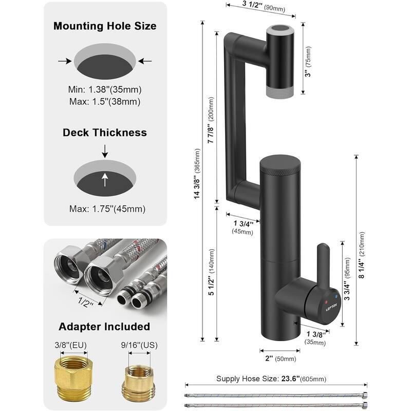 Lefton Rotatable Single Hole Bathroom Sink Faucet with Built-in Filter, Temperature Display in Fahrenheit, 2 Water Modes