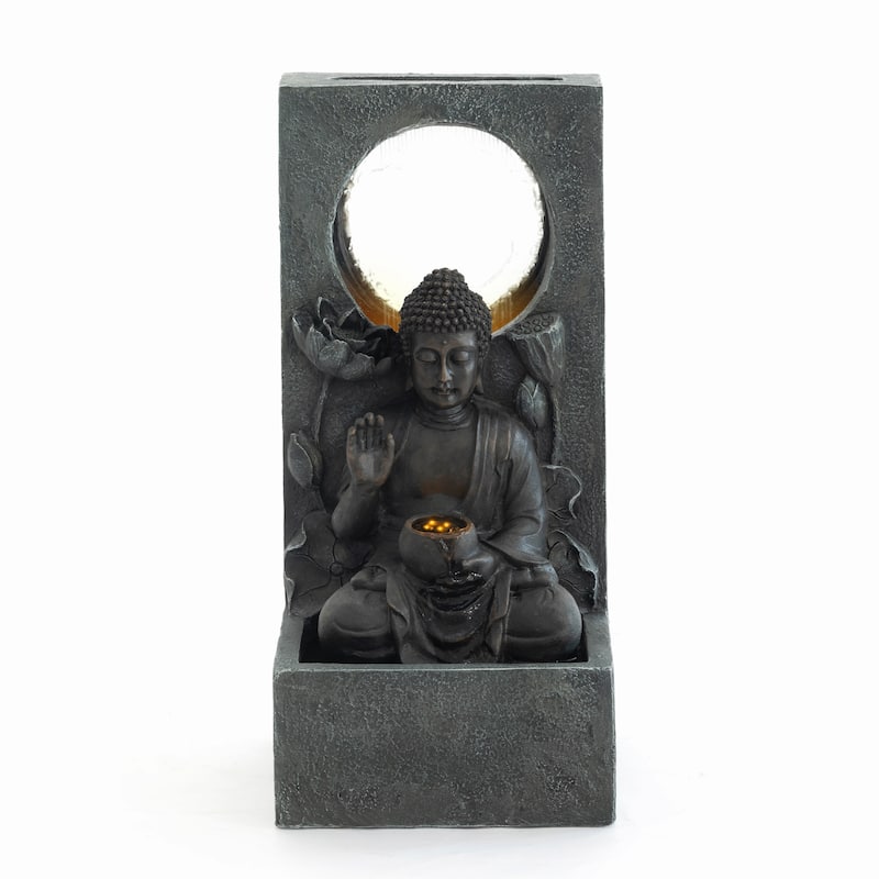 GDFStudio - Zen Fengshui 28" H Outdoor Freestanding Buddha Water Fountain with Calm Cascading Waterfall & LED Lights