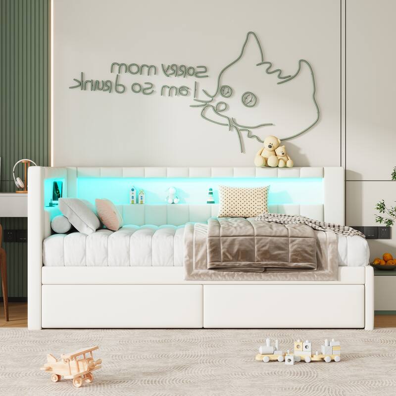 Roomfitters Twin Size Upholstered Platform Bed with USB Port, Ambient Light and Storage Base