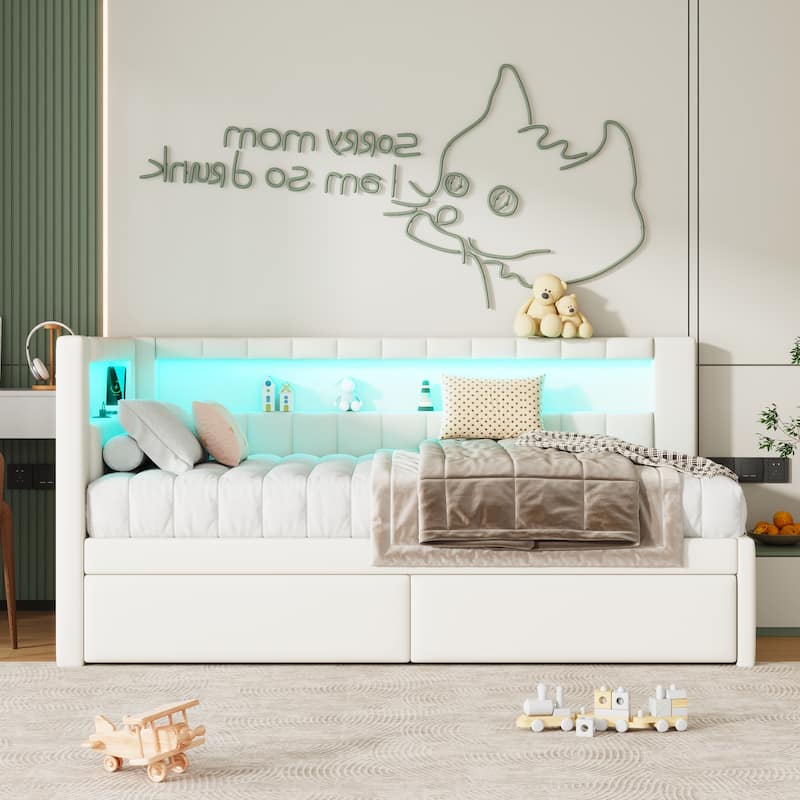 Upholstered Twin Size Platform Bed with USB Ports, LED Belt & 2 Drawers, Pink