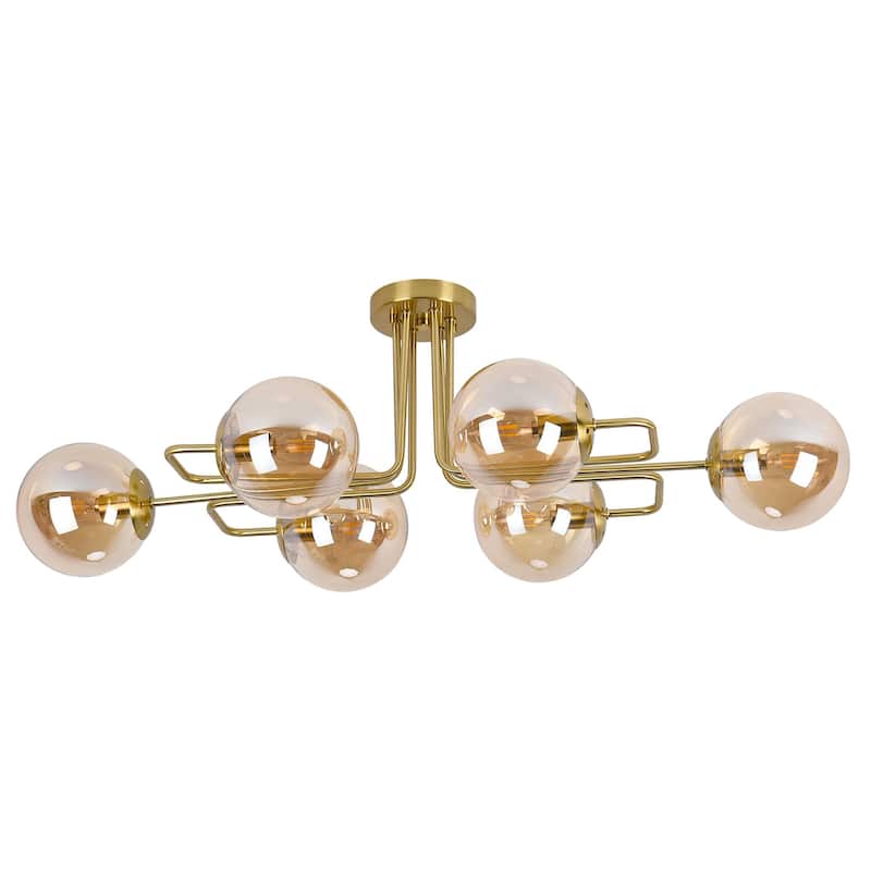 Mid - Century Modern 4 - Light Chandelier, Brass Frame with Amber - Tinted Glass Globes
