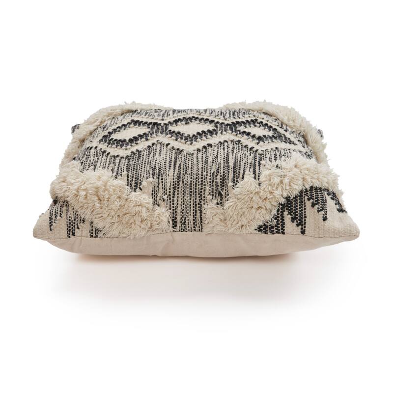 Handwoven Over Tufted Diamond Wool Throw Pillow Cover - 20" - Cream and Black