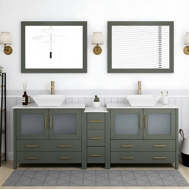 Vanity Art 84" Double Sink Bathroom Vanity Set with Engineered Marble Top and Free Mirrors - Vintage Green