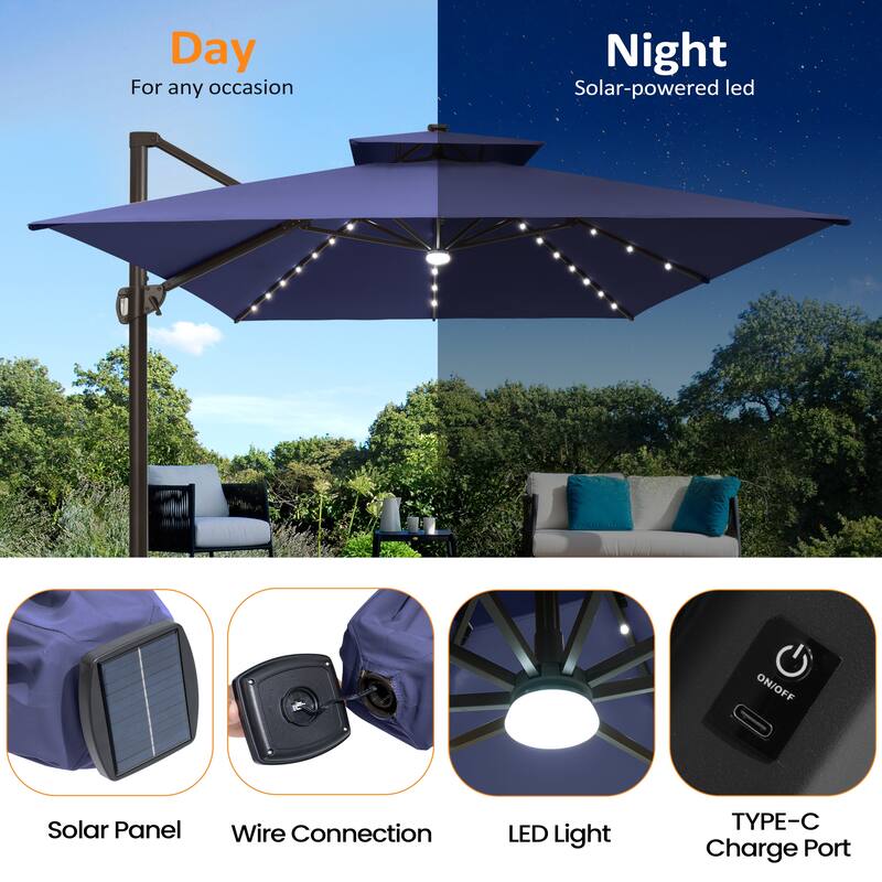 9x11 FT Rectangular Outdoor Patio Cantilever Umbrella Solar LED Lighted with Weight Base