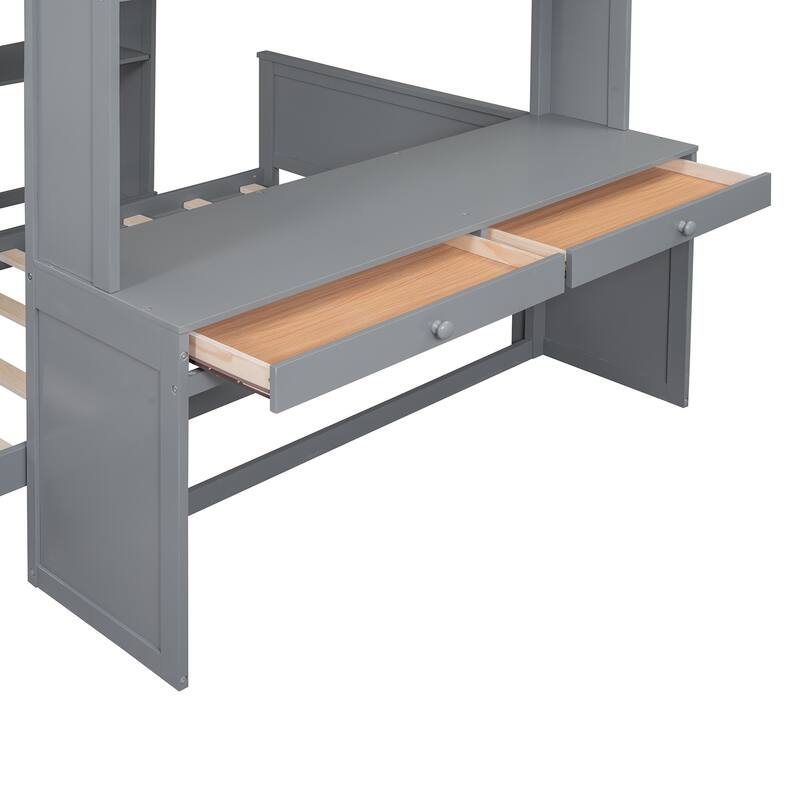 Full Size Loft Bed with Twin Bed, Shelves, Desk, and Wardrobe in Gray