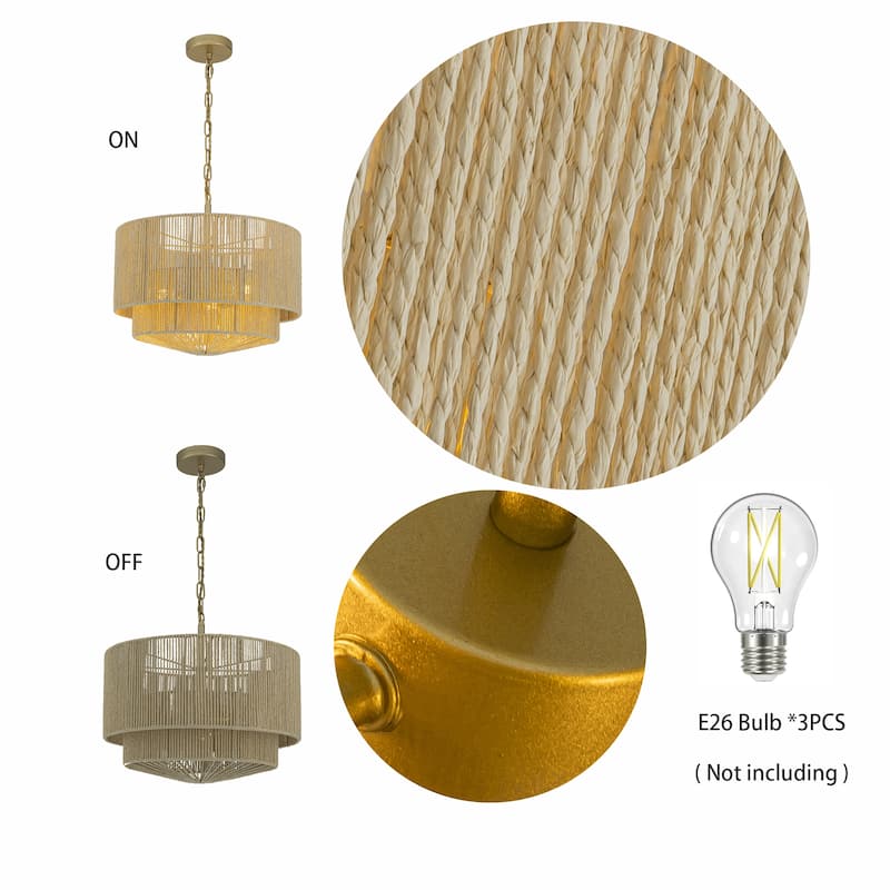 Armida 3-Light Rattan Rope Tiered Drum Pendant, Coastal Boho - Handwoven