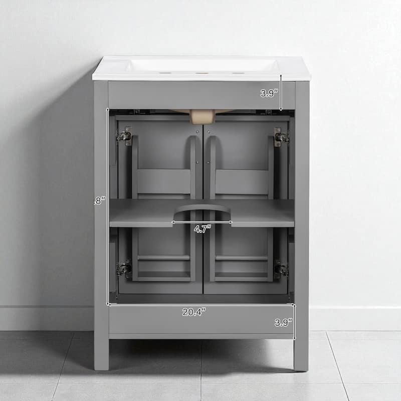 24" Bathroom Vanity with Ceramic Sink, Freestanding Cabinet with Flip Drawer, Soft Close Doors and Adjustable Shelf