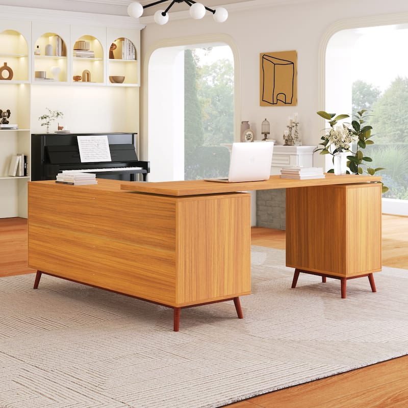 66.5" Large Office Desk with Drawers, Modern L-shaped Desk with Delicate Tempered Glass Cabinet Storage, Business Desk