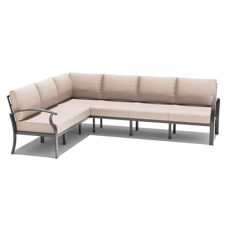 Aluminum Patio Furniture Set with FirePit Ottomans Swivel Chairs,Sectional Sofa with Thick Seat Cushions for Porch Garden - 6-SeatsCornerSofa - Khaki