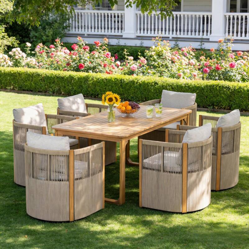 Christopher Knight Home - Ronan Outdoor Acacia Wood Dining Set with Swivel Rope Armchairs & Curved Leg Dining Table, Teak Finish - 7-Piece Set-Beige