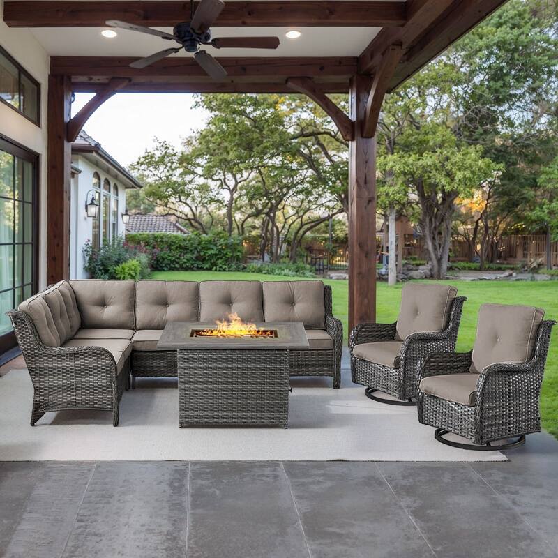 Gymojoy 4-Piece Outdoor Wicker Patio Furniture with Fire Pit and L-shaped Sectional Sofa, Coversation Set with Thick Cushions - Grey Wicker / Grey Cusion - 4-Piece