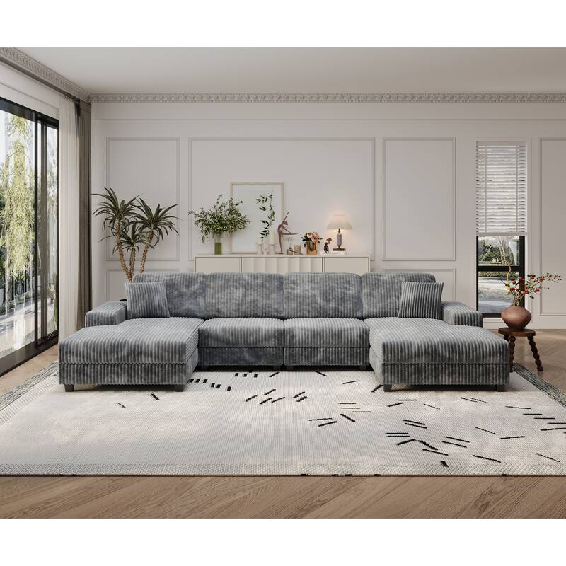 139.76" Corduroy U-Shaped Sectional Sofa with Storage Arms & Pocket Spring Cushions - Dark Gray