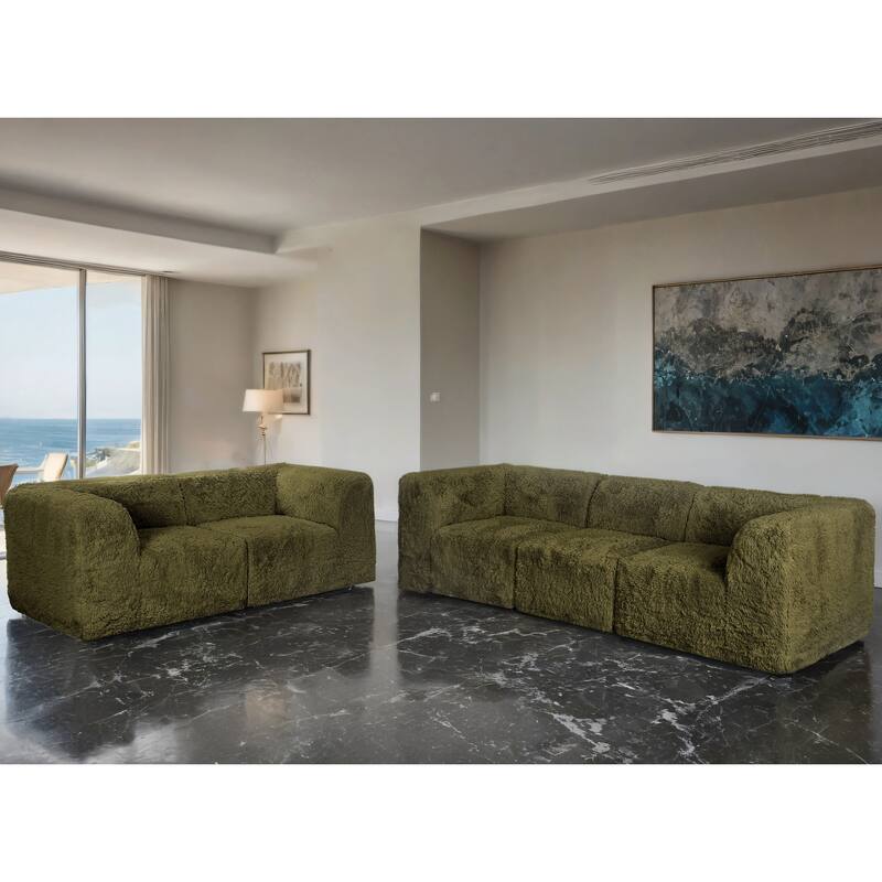 Furniture of America Ylena Modern 5-Piece Faux Fur Foam Modular Compressed Sofa and Loveseat Set - Olive Green