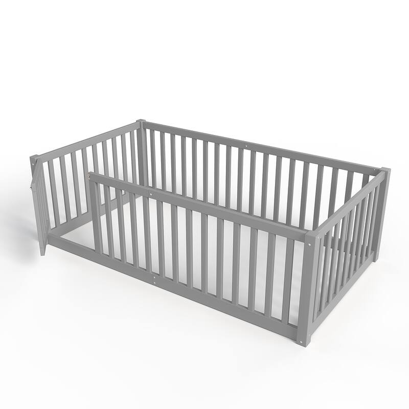 Montessori Floor Bed with Safety Guardrails & Door, Kids Low Profile Frame, Available in Queen/Full/Twin