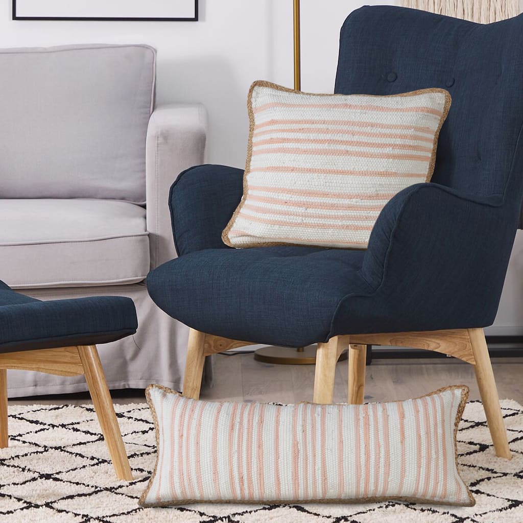 Sevita Coral Pink and White Striped Jute Bordered Throw Pillow