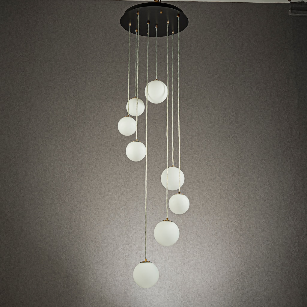 CraftHome 8-Light Modern White Opal Glass Staircase Chandelier Globe Bubble Glass Pendant In Matte Black For Entryway - W18''