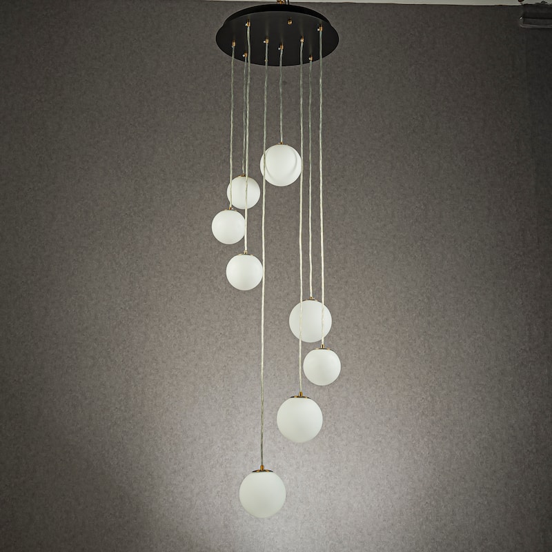 CraftHome 8-Light Modern White Opal Glass Staircase Chandelier Globe Bubble Glass Pendant In Matte Black For Entryway - W18'' - W18'' - Antique Brass