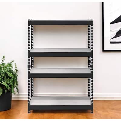 HomeRoots 48" Black And Natural Metal and Wood Adjustable Four Tier Bookcase