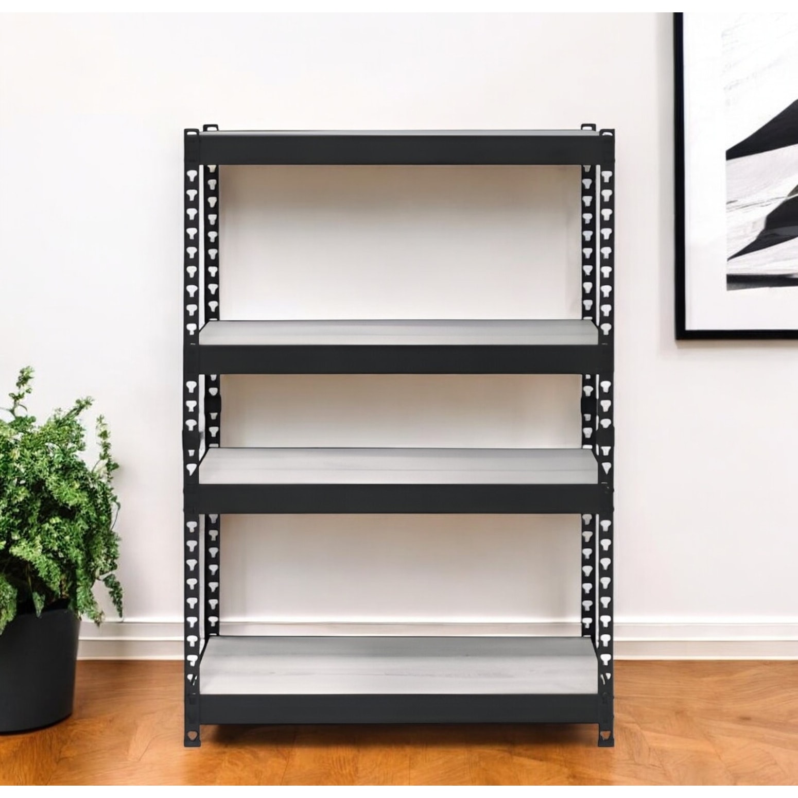 HomeRoots 48" Black And Natural Metal and Wood Adjustable Four Tier Bookcase