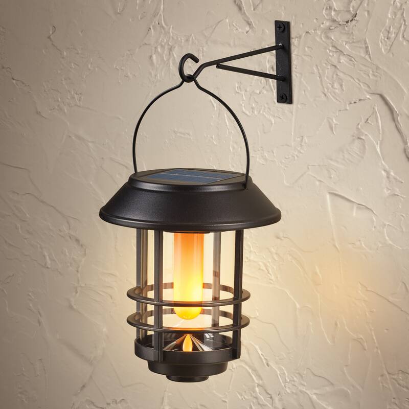 Solar Powered Flickering Flame Wall Lantern - 5.87 x 6.87 x 5.87 - Black - 5.87 x 6.87 x 5.87 - Glass