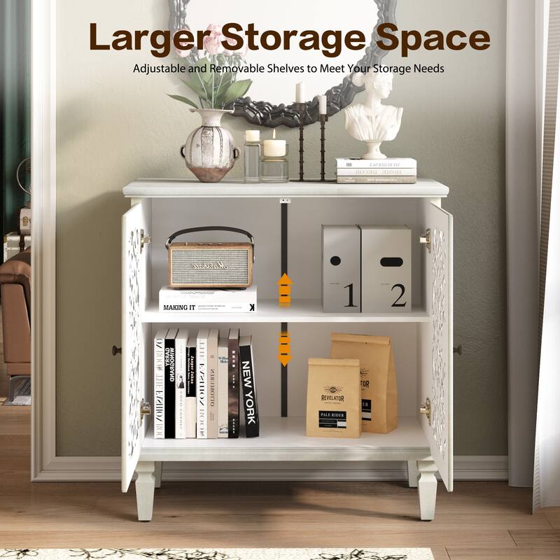 Roomfitters 2-Door Hollow-Carved Accent Cabinet, Symmetrical Floral Sideboard with Adjustable Shelf