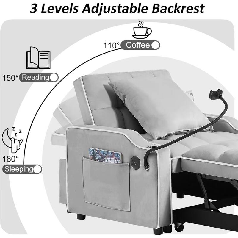3 in 1 Convertible Sofa Bed Chair, Adjustable Back, Dark Grey, Metal & Wood