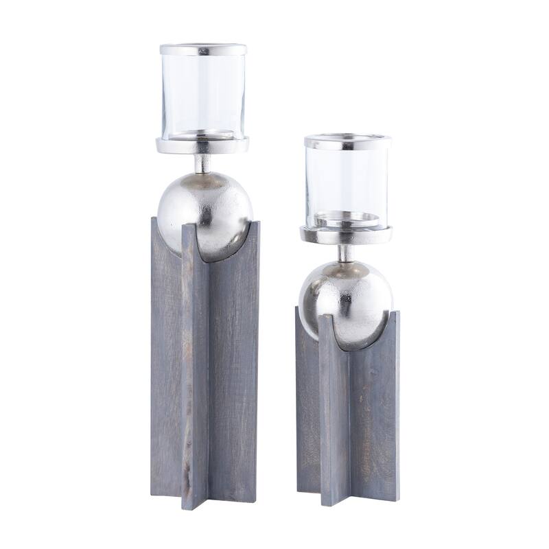Candle Holders Set of 2 - Gray Wood Metal Sphere, 15/19" - 19.0"