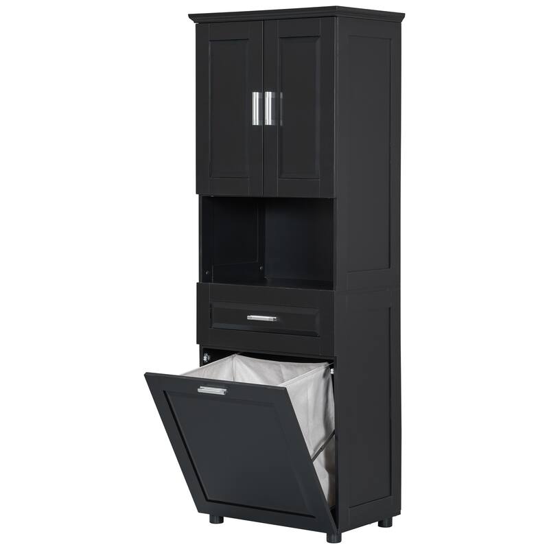 GDFStudio - Harper Elms Tall Bathroom Storage Cabinet with Tilt-Out Laundry Hamper and Upper Organizer