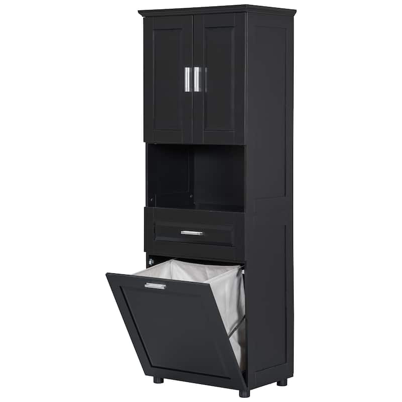 Roomfitters Tall Bathroom Cabinet with Tilt-Out Laundry Basket and Upper Storage Compartment Large Organizer