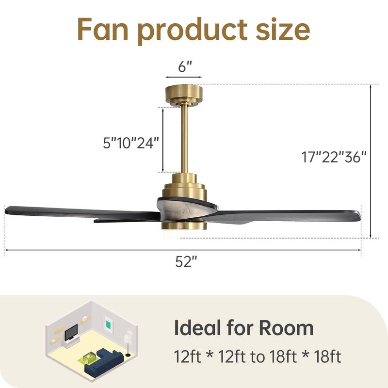 52 Inch Ceiling Fan With Dimmable LED Light 5 Solid Wood Blades Smart Remote Control Reversible DC Motor Ceiling Fan