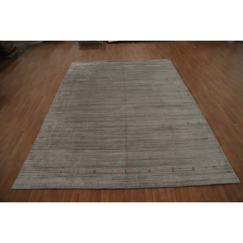 Hand Knotted Oriental Viscose Silk Carpet Tribal Animal Pictorial Greys & Charcoal Gabbeh Area Rug - 11' 10'' X 8' 11''