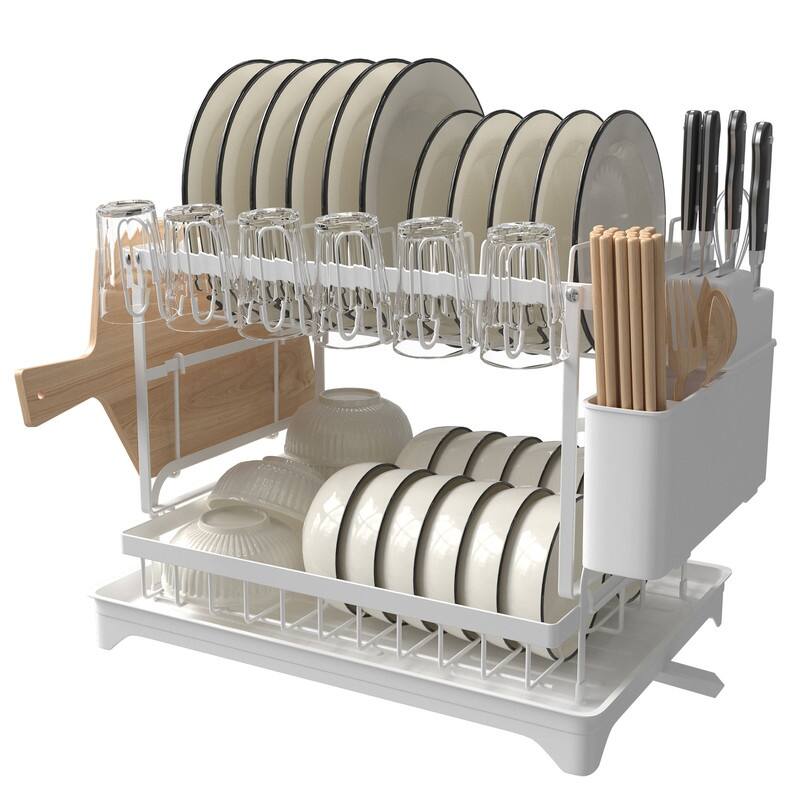 2 Tier Anti-Rust Dish Drying Rack Set with Drainage Spout