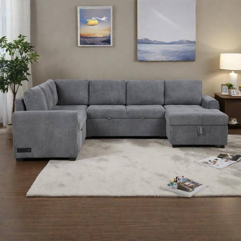 107.5" U-Shaped Corduroy Sectional Sofa with Pull-Out Bed, Storage Chaise, USB Ports and Power Sockets (5-Seater) - Gray