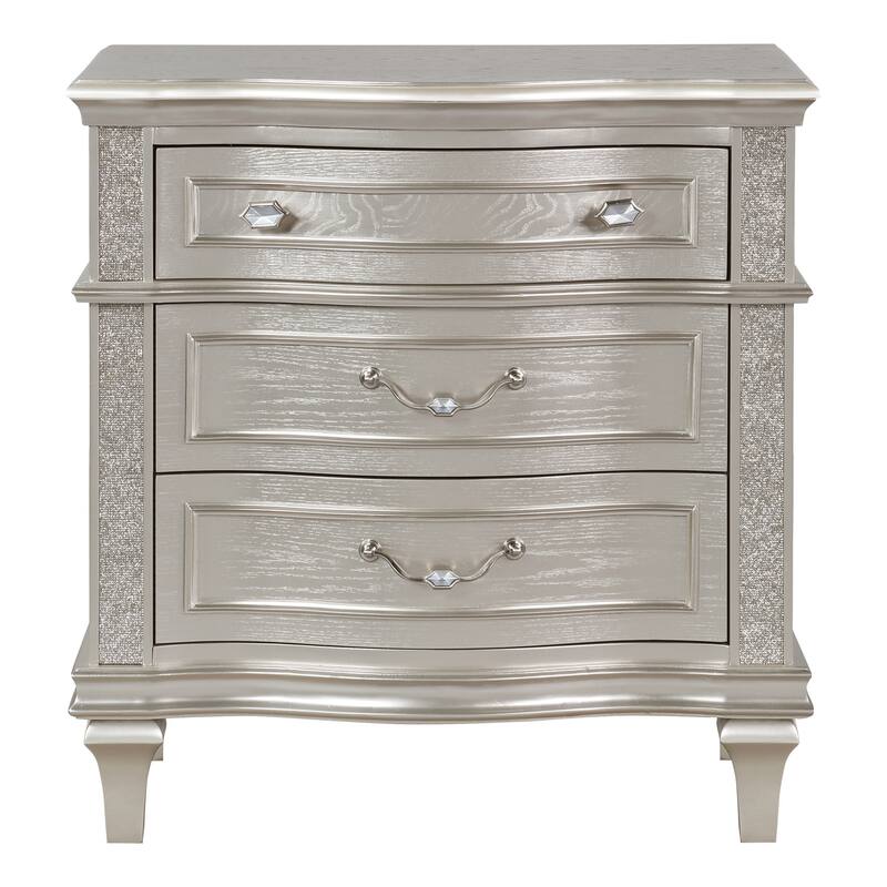 Inz 32 Inch 3 Drawer Nightstand, Elegant Trim Details, Silver Finish