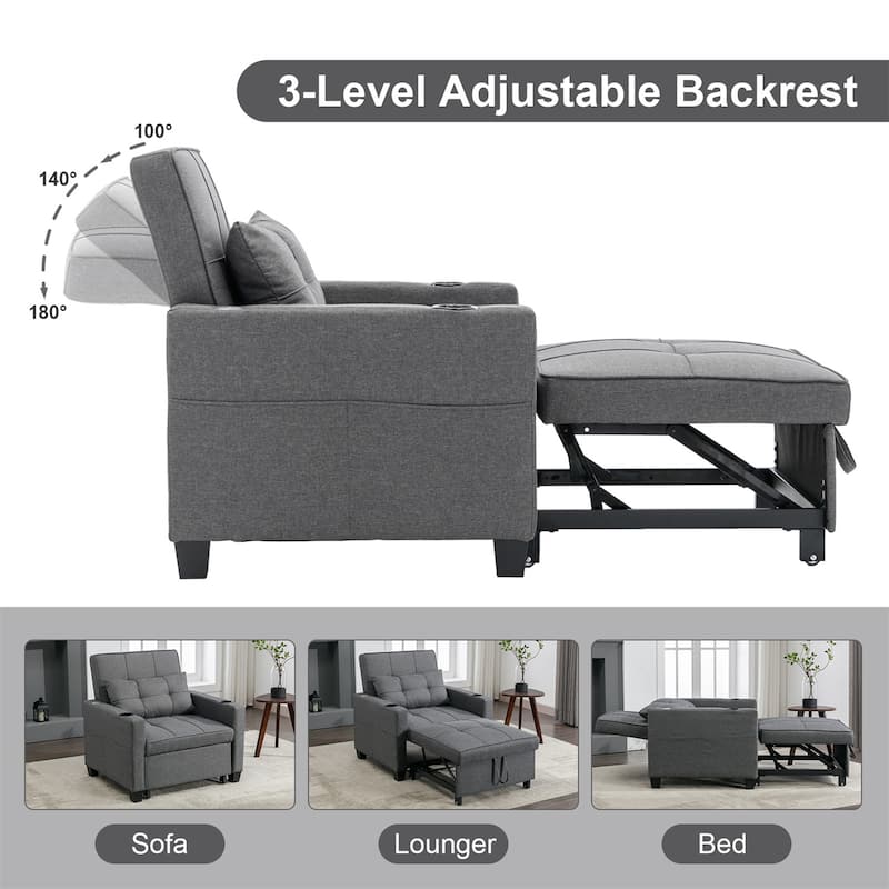 3-in-1 Pull out Convertible Futon Sleeper Armchair Beds with USB Ports