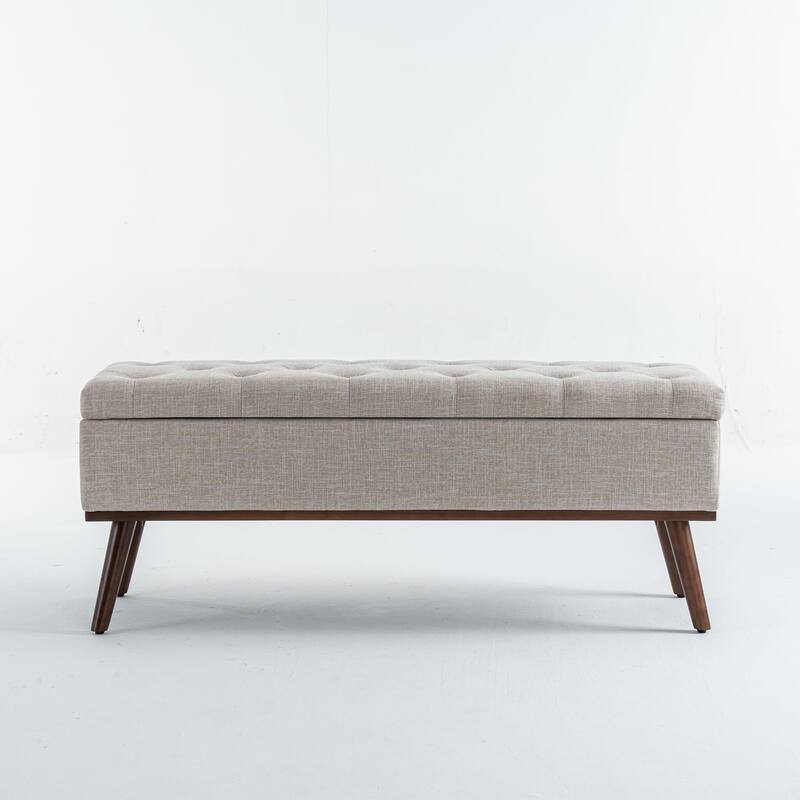 Linen Storage Ottoman Bench with Wood Legs, Upholstered Entryway Bench Tufted Mid Century Modern Ottoman Bedroom End of Bed
