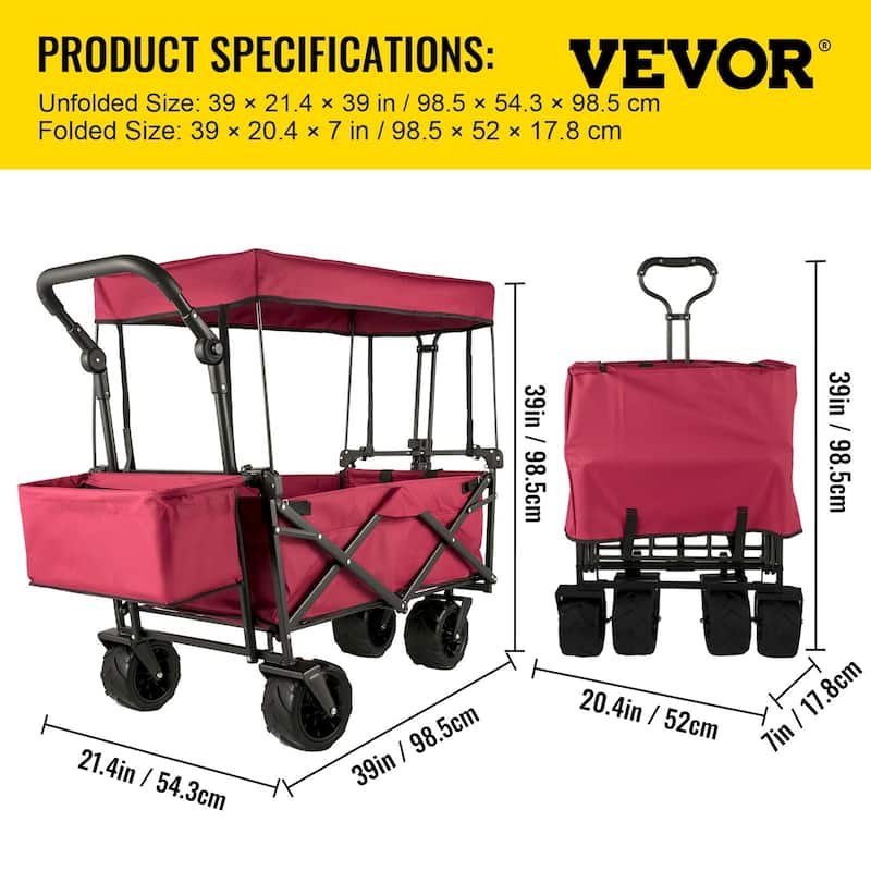 Steel 600D Oxford Folding Wagon 220lbs Cart w/ Canopy & Wheels - 39"x21.4"x39"