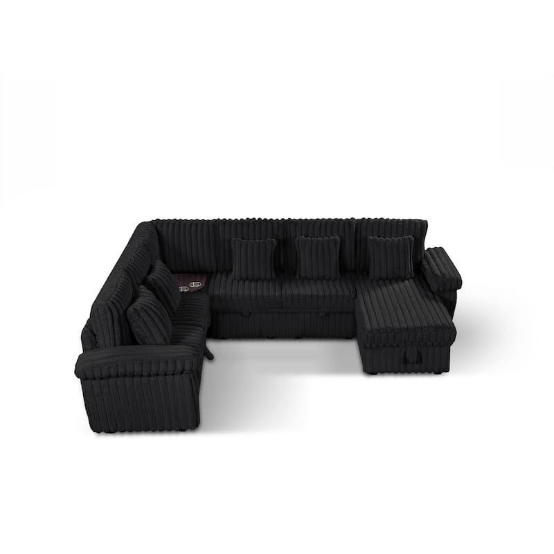 U-Shaped Corduroy Sectional Sofa with Storage Chaise & Pull-Out Bed, Upholstered Corner Sofa with Cup Holder & USB Port
